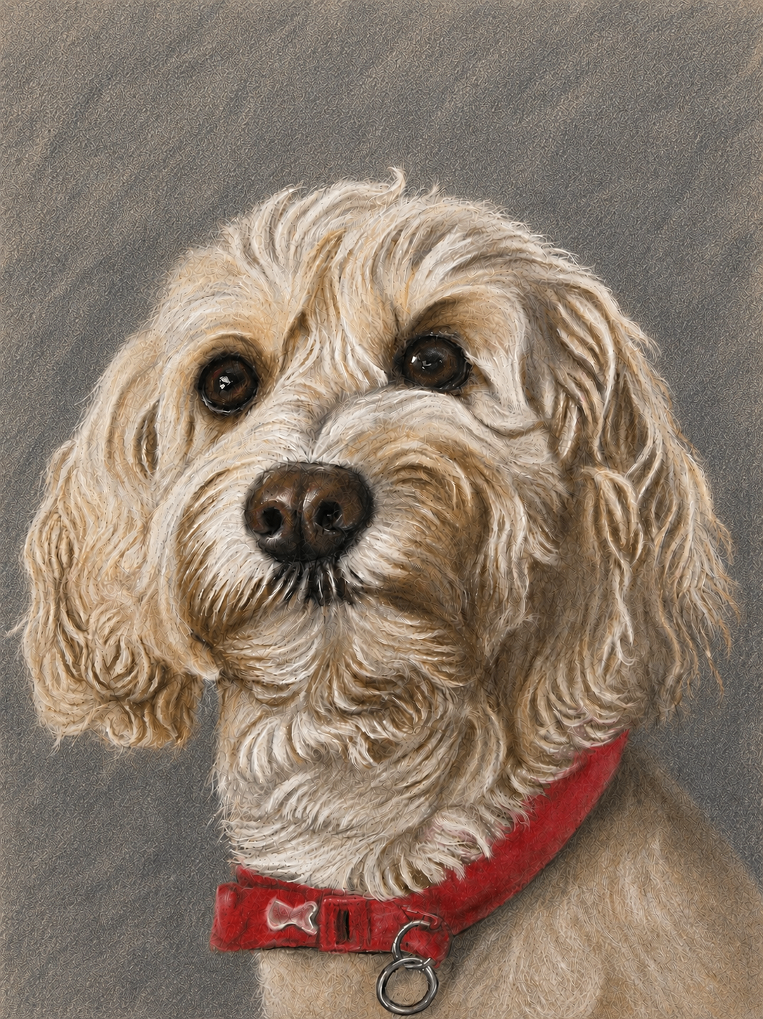 Hand-drawn pastel portrait of Oscar, a cockapoo with a red collar